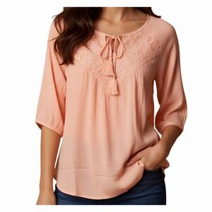 Mittoshop Women's Pink Lace Trim Blouse 3/4 Sleeve Casual Top‎